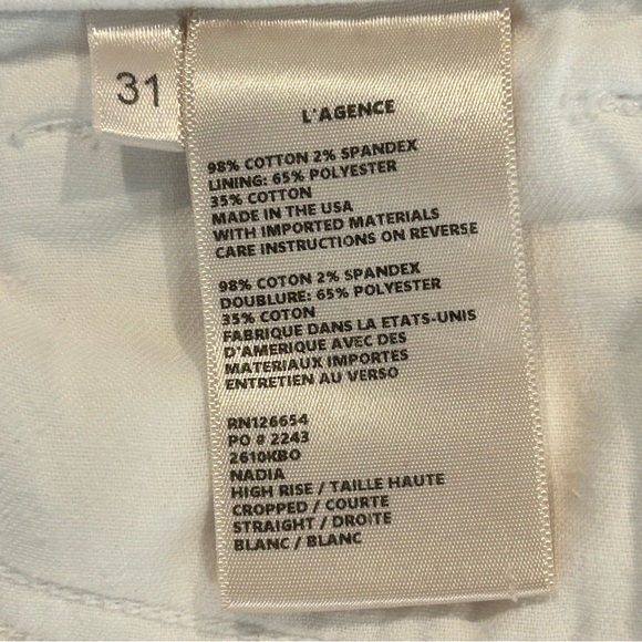 L'AGENCE Nadia High Rise Crop Straight Jean in Blanc Size 31 - Picture 12 of 13